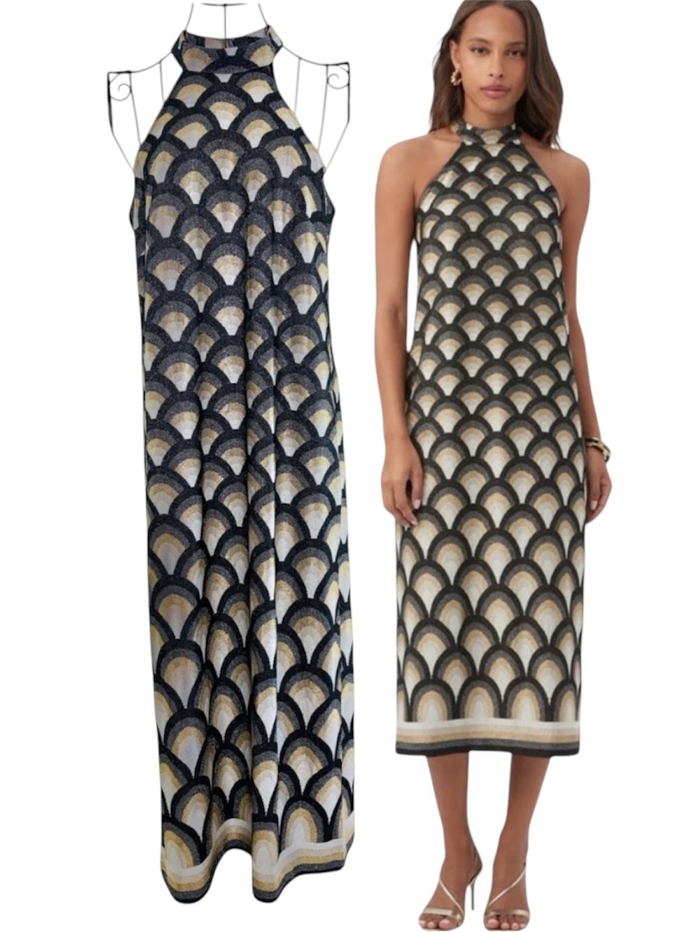 NEW Trina Turk Giri Geometric Jacquard-Knit Metallic Halter Midi Dress Size 4